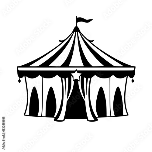 Vector Illustration: Classic Black & White Circus Tent with Striped Roof, Star Adornment, Flag, and Curtained Arches.