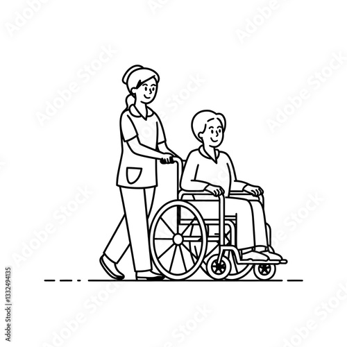 Caring Nurse Assisting a Happy Patient in a Wheelchair – Minimalist Healthcare Vector Illustration
