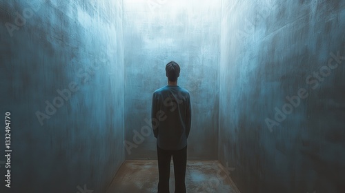 Lone male in dimly lit concrete room looking up at light source