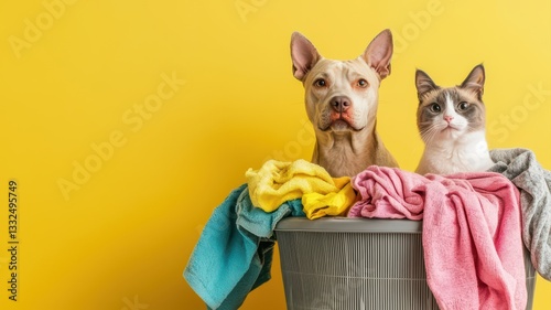 A playful dog and cat sit together in a laundry basket filled with colorful towels against a bright yellow background.