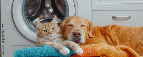 A cozy scene featuring a cat and dog resting together on colorful towels near a washing machine in a home setting.