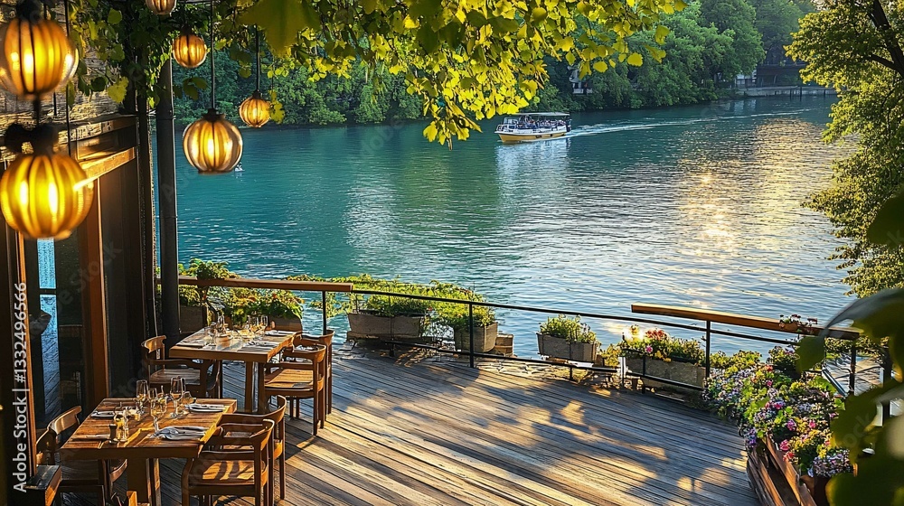 Fototapeta premium Outdoor waterside restaurant setting with tables and beautiful scenery