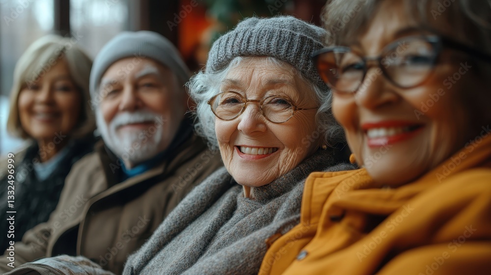 Elderly caucasian and hispanic group smiling together in cozy winter attire Elderly caucasian and hispanic group smiling together in cozy winter attire