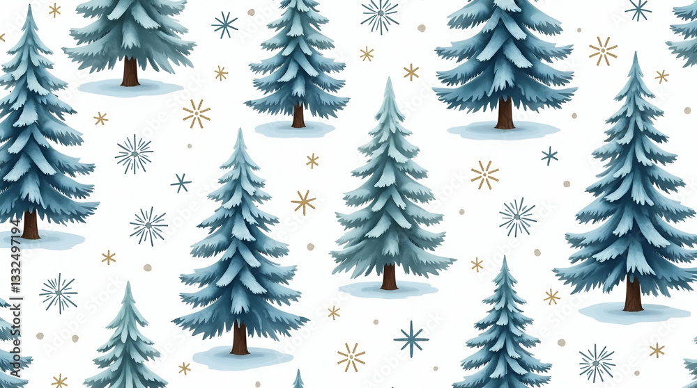 Fototapeta premium Winter trees seamless pattern with tall pine trees frosted branches and snowflakes for a classic winter look concept as Classic winter trees pattern with tall pine trees frosted branches and snowflake