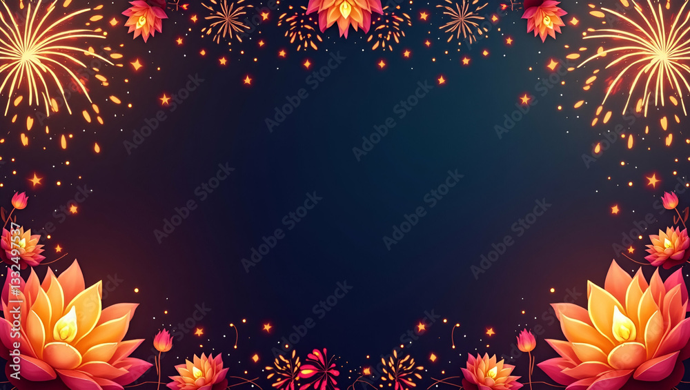 Obraz premium Colorful Fireworks and Lotus Flowers Border Frame for Elegant Diwali Messages with Copy Space
