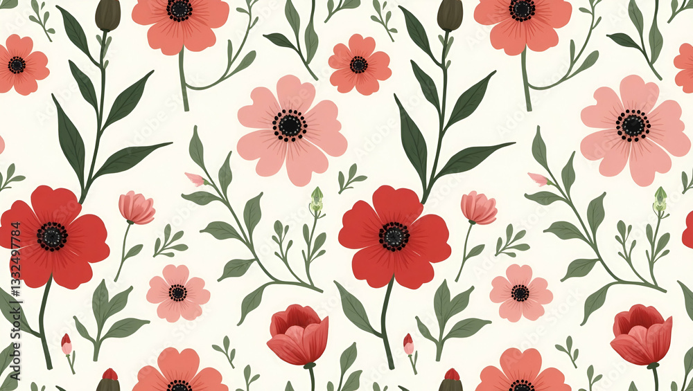 Elegant Anemones and Camellias: A Seamless Spring Garden Pattern for Refined Outdoor Designs - Cute Vector Illustration for Stylish Garden Spaces