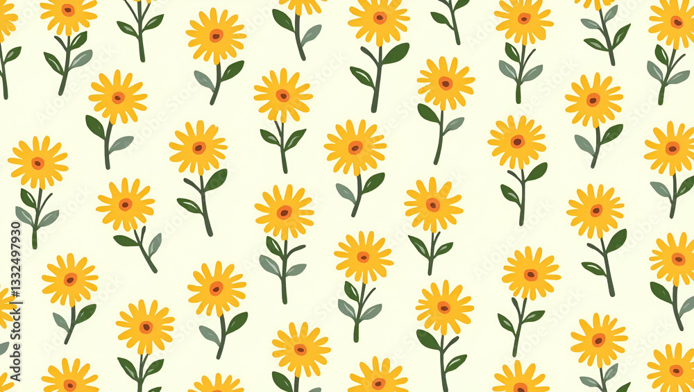 Cheerful Summer Flower Pattern with Daisies & Green Stems for Vibrant Garden Design in Photo Stock Cheerful Summer Flower Pattern with Daisies & Green Stems for Vibrant Garden Design in Photo Stock