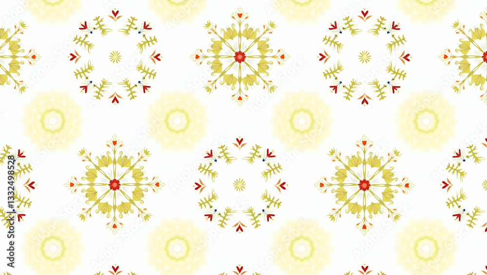 Fototapeta premium Flat Snowflake and holiday wreath seamless tile pattern with festive red and green accents concept as Festive red and green accents paired with snowflakes create a seamless tile pattern with holiday w