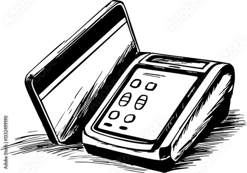Payment processing device retail store illustration business environment close-up view financial transactions