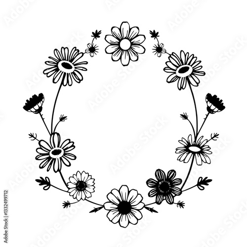 A delicate, black and white hand-drawn floral wreath composed of various daisies and foliage, with intricate linework and a clean, minimalist aesthetic.