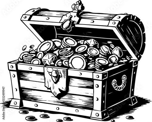 Treasure chest overflowing with coins and riches in a mysterious cave vintage illustration classic adventure concept