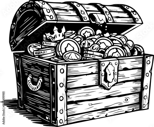 Treasure chest filled with coins pirate island illustration fantasy environment aerial view wealth concept