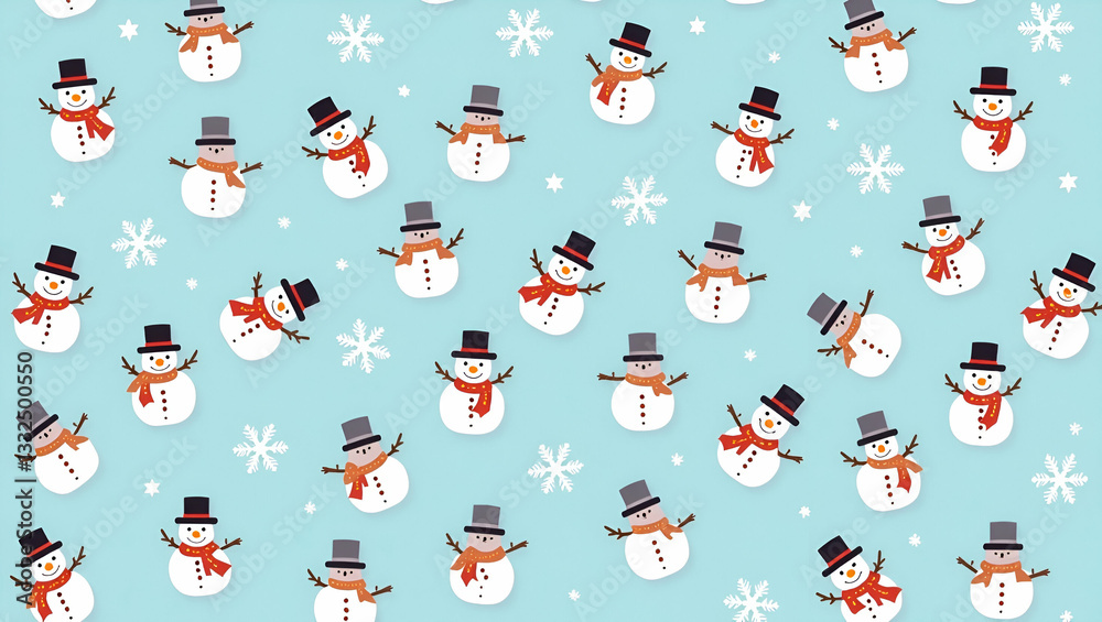 Fototapeta premium Playful Snowmen and Snowflakes: A Seamless Tile Pattern in Cool Winter Tones - Cute Flat Vector Illustration for Smart Business Designs and Winter-Themed Projects
