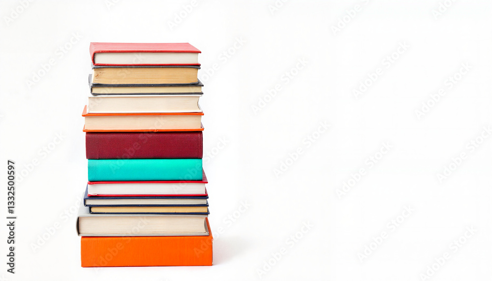Colorful stack of books against white background, literary diversity Colorful stack of books against white background, literary diversity