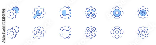 Gear icon set in two styles, Duotone and Thin Line style. Editable stroke. gears, engineering, connection, gear, maintenance