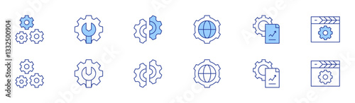 Gear icon set in two styles, Duotone and Thin Line style. Editable stroke. gears, admin, disruption, gear, analytics, script