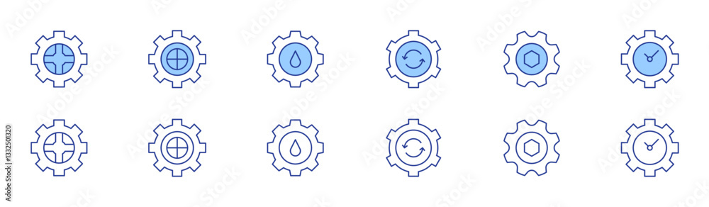 Gear icon set in two styles, Duotone and Thin Line style. Editable stroke. restore, cogwheel, gear, engineering, clock Gear icon set in two styles, Duotone and Thin Line style. Editable stroke. restore, cogwheel, gear, engineering, clock