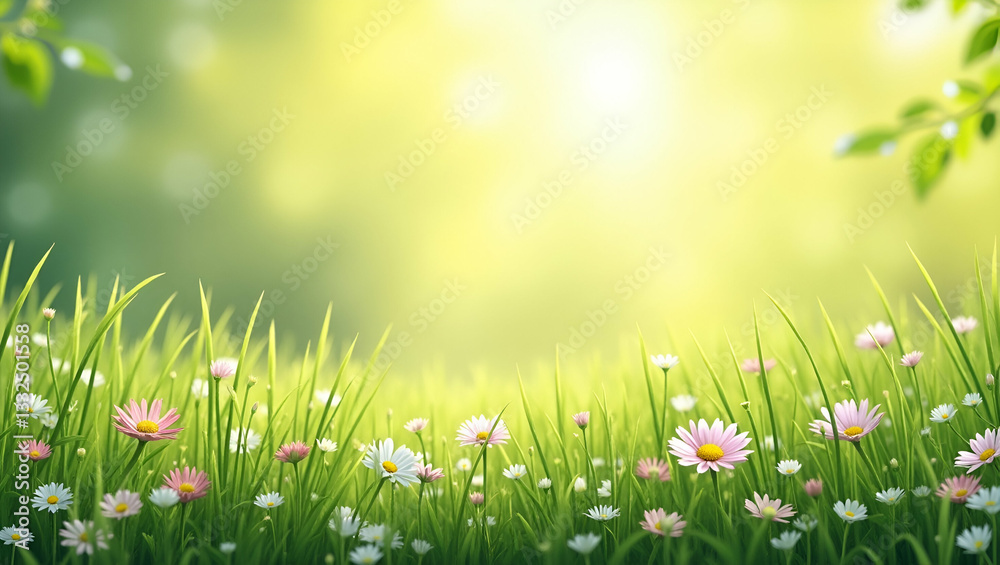 Sunlit Grass and Flowers Seamless Tile Pattern: Embrace Gentle Spring Breezes and Vibrant Green Hues with Empty Space for Creative Design in Photo Stock Sunlit Grass and Flowers Seamless Tile Pattern: Embrace Gentle Spring Breezes and Vibrant Green Hues with Empty Space for Creative Design in Photo Stock