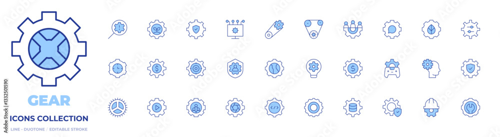 Gear icons collection. Line Duotone style, editable stroke. identify, privacy, gear, setting, time management, settings, team, secure, api, cogwheels, coding Gear icons collection. Line Duotone style, editable stroke. identify, privacy, gear, setting, time management, settings, team, secure, api, cogwheels, coding