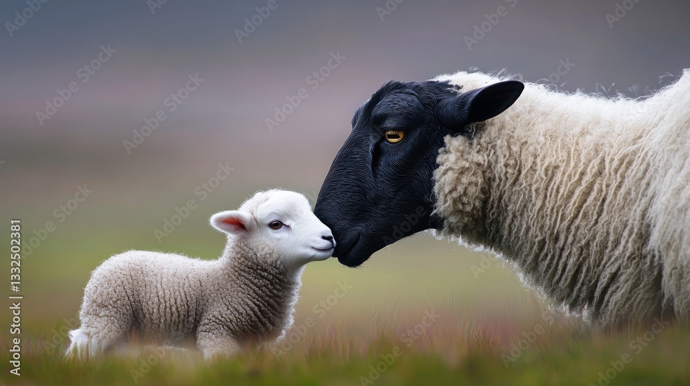 Fototapeta premium Sheep mother and lamb, close, outdoors, misty pasture