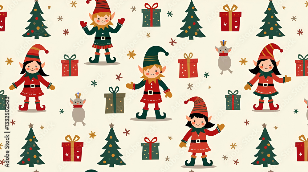 Fototapeta premium Playful Christmas Elves & Gifts: Whimsical Seamless Tile Pattern