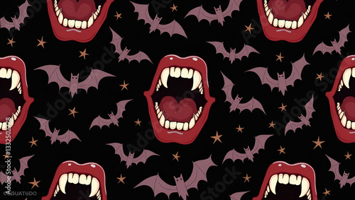 Gothic Vampire Fangs and Bats Seamless Tile Pattern: Dark Hues for Spooky Halloween Decor - Flat Vector Illustration for Unique Home Decoration Ideas