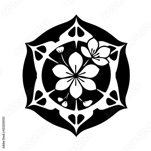 Intricate Japanese-inspired floral crest, a symmetrical design with stylized cherry blossoms and a complex layered composition of black, white, and grey within a geometric shape.