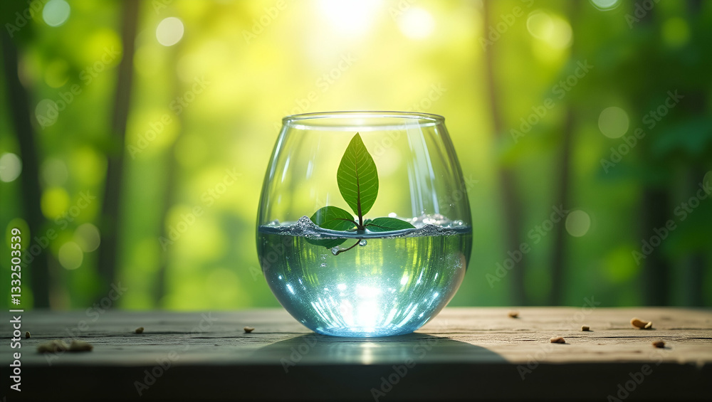 Globe Glass with Water Saving Icons in Lush Green Forest: Celebrating World Environment Day & World Water Day - A Symbol of Water Conservation and Renewable Energy