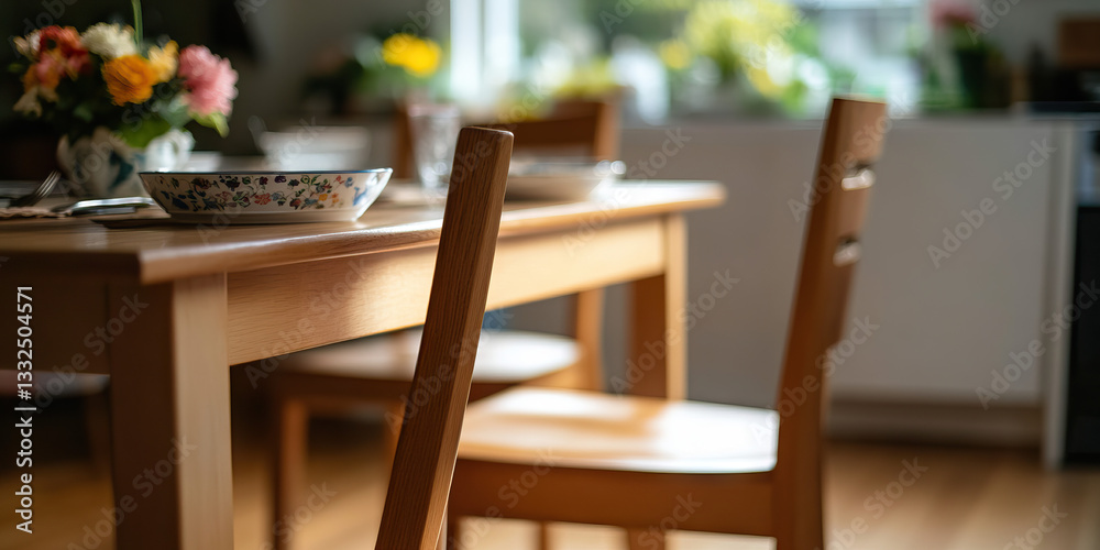 Fototapeta premium Light Wood Dining Table with Tableware and Chairs