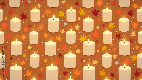 Seamless Flat Autumn Warmth Tile Pattern: Candles & Falling Leaves for Cozy Home Decor