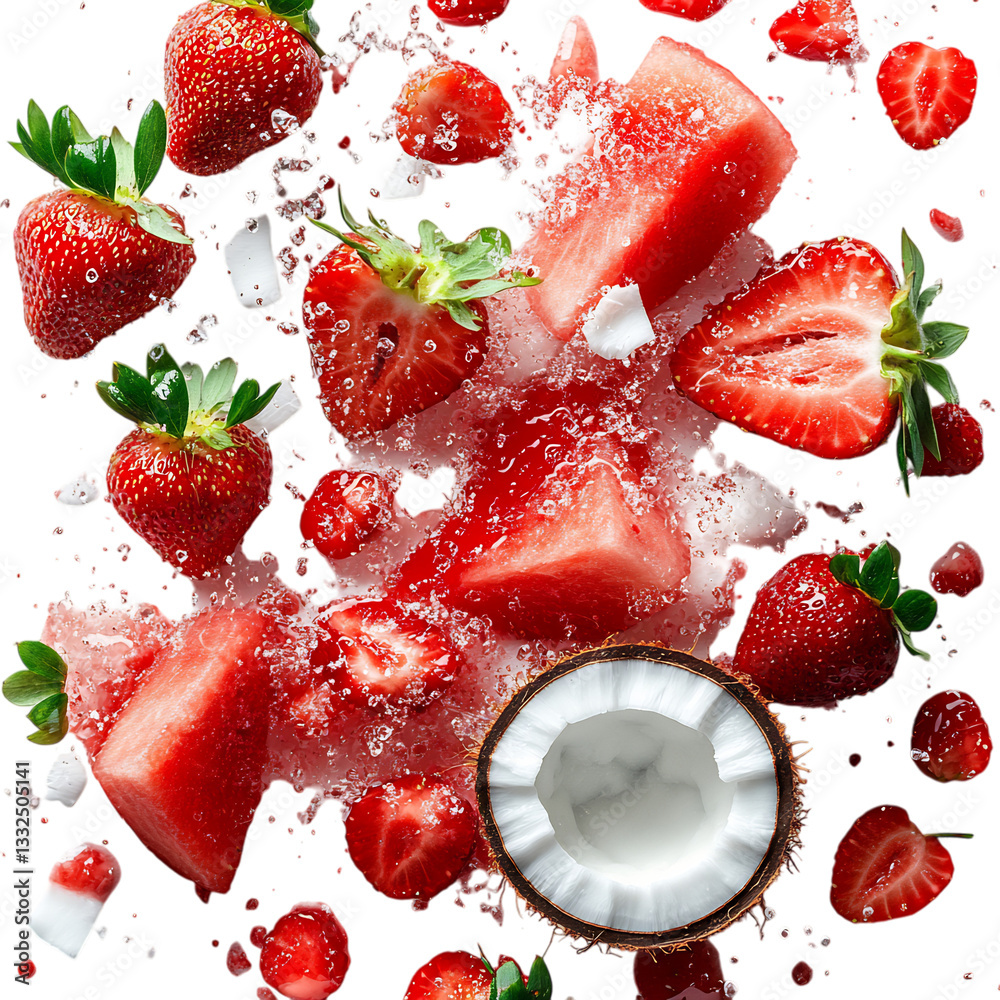 A Burst of Strawberries, Watermelon, and Coconut Scatter Isolated on Transparent Background A Burst of Strawberries, Watermelon, and Coconut Scatter Isolated on Transparent Background