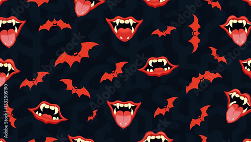 Gothic Vampire Fangs and Bats Seamless Tile Pattern: Dark Hues for Spooky Halloween Decor - Flat Vector Illustration for Unique Home Decoration Ideas