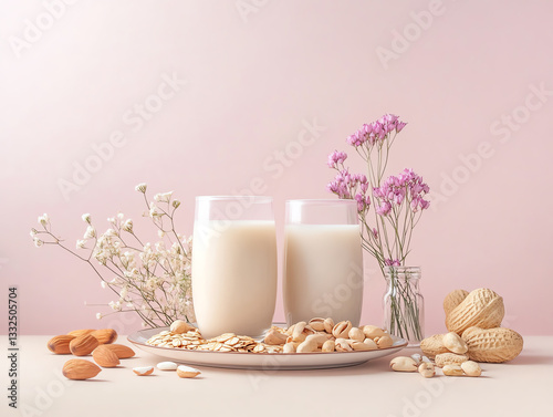 Two glasses of milk with nuts and flowers on a stylish table.