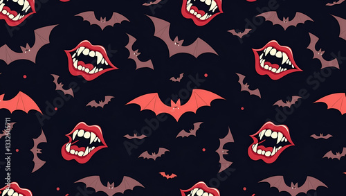 Gothic Vampire Fangs & Bats Seamless Tile Pattern for Halloween Decor