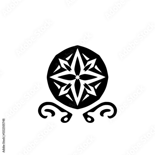 A stylized black and white symmetrical floral-geometric design with a star-like central motif, enclosed in a circle, and ornate bottom embellishments.