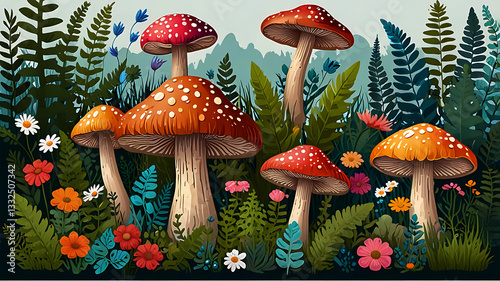 Vibrant Forest Mushrooms with Flowers