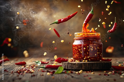 hot sauce in jar, chili peppers flying around