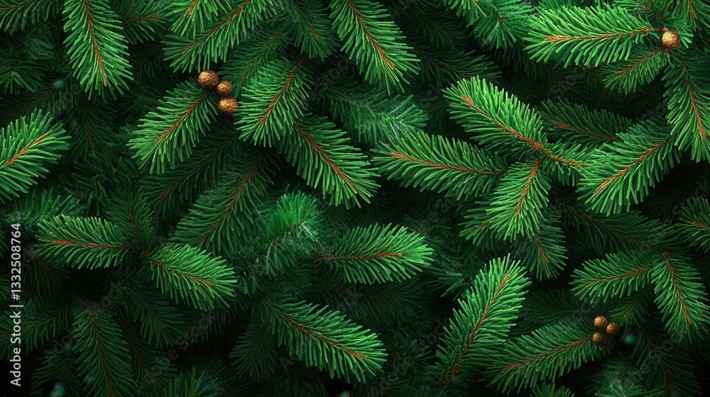 Lush evergreen pine branches with pine cones in close-up view Lush evergreen pine branches with pine cones in close-up view