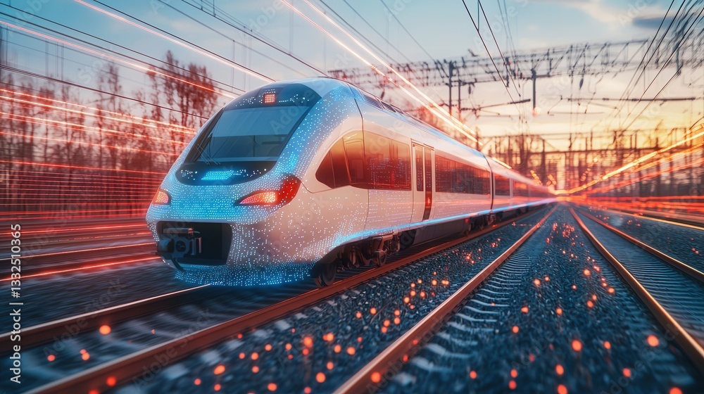 Fototapeta premium A high speed passenger train in motion its sleek blue body gliding swiftly through the night along a network of illuminated railway tracks against a backdrop of warm sunset colors