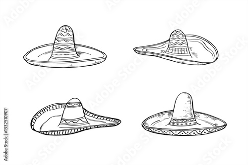 Mexican sombreros with different patterns clip art line art black ink sketch. Native traditional ornate hates set vector isolated illustration. Cinco de mayo holiday headdress attribute. Side view