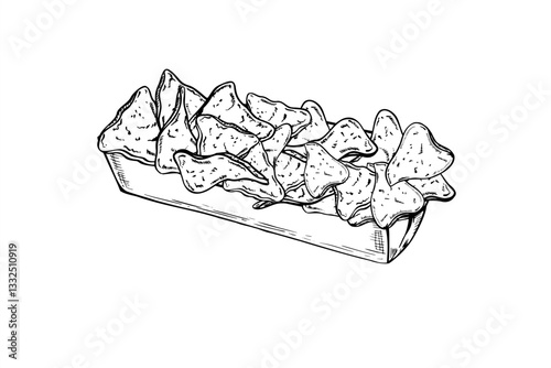Triangle corn nachos chips in rectangle disposable cardboard tray vector line art black ink sketch. Monochrome hand drawn crunchy snack in paper package. Fast food illustration for menu design.