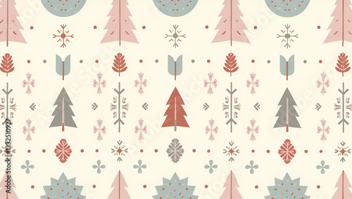 Flat Scandinavian Folk Art seamless tile pattern with muted pastels and traditional Nordic motifs for minimalist decor concept as Muted pastel Scandinavian folk motifs arranged seamlessly for minimali