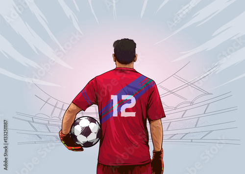 Illustration of a Football Player Holding a Soccer Ball in a Stadium background. Soccer Championship vector banner. Soccer Goalkeeper Holding Ball and Getting Ready for Play