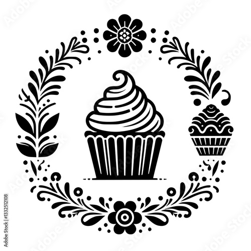 Intricate black and white dessert illustration featuring a cupcake, floral wreath, and another smaller cupcake in an elegant, ornamental design.