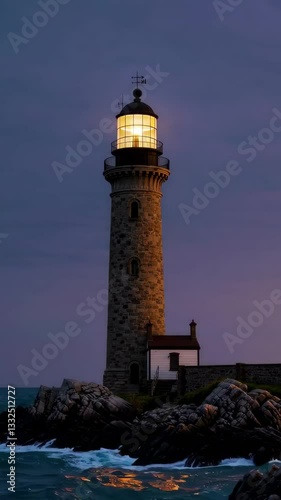 Lighthouse Illuminating Coastal Scene at Dusk Footage