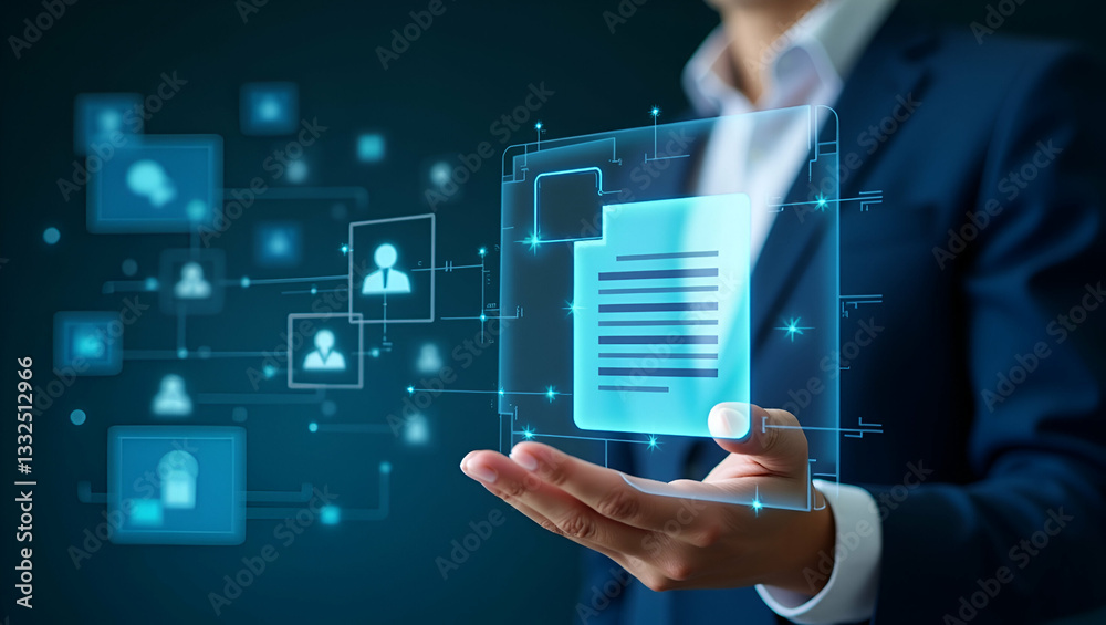 Fototapeta premium Enhance Document Safety: Businessman Uses Online Database Management