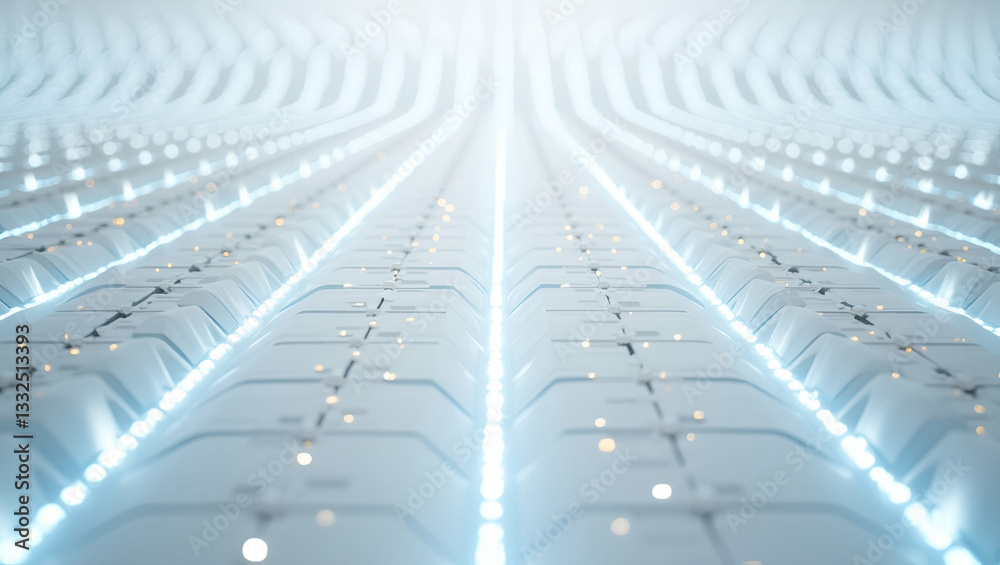 Fototapeta premium Futuristic Solar Panel Arrays: Seamless Flat Design Tile Patterns with Glowing Lines and Clean White Isolation for Cutting-Edge Aesthetics in Smart Business Concepts