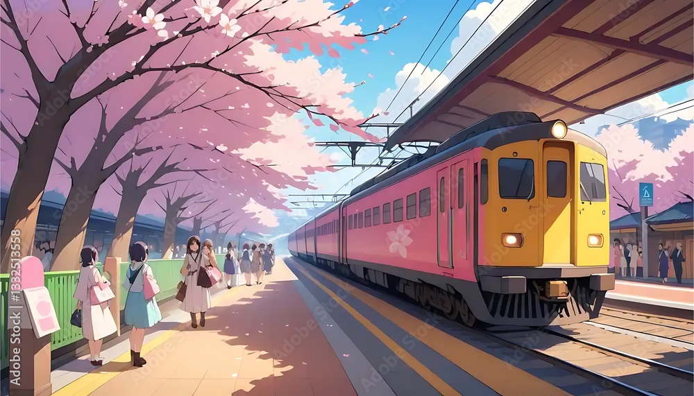 Train Arriving at Station with Cherry Blossoms and People Waiting Train Arriving at Station with Cherry Blossoms and People Waiting