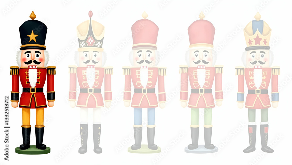 Fototapeta premium Charming Flat Festive Watercolor Nutcracker Soldier Illustration for Holiday Greeting Cards and Decorations - Perfect for Your Seasonal Artwork Needs