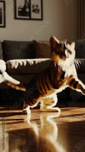 Cat Exploring Sunlit Living Room Footage
